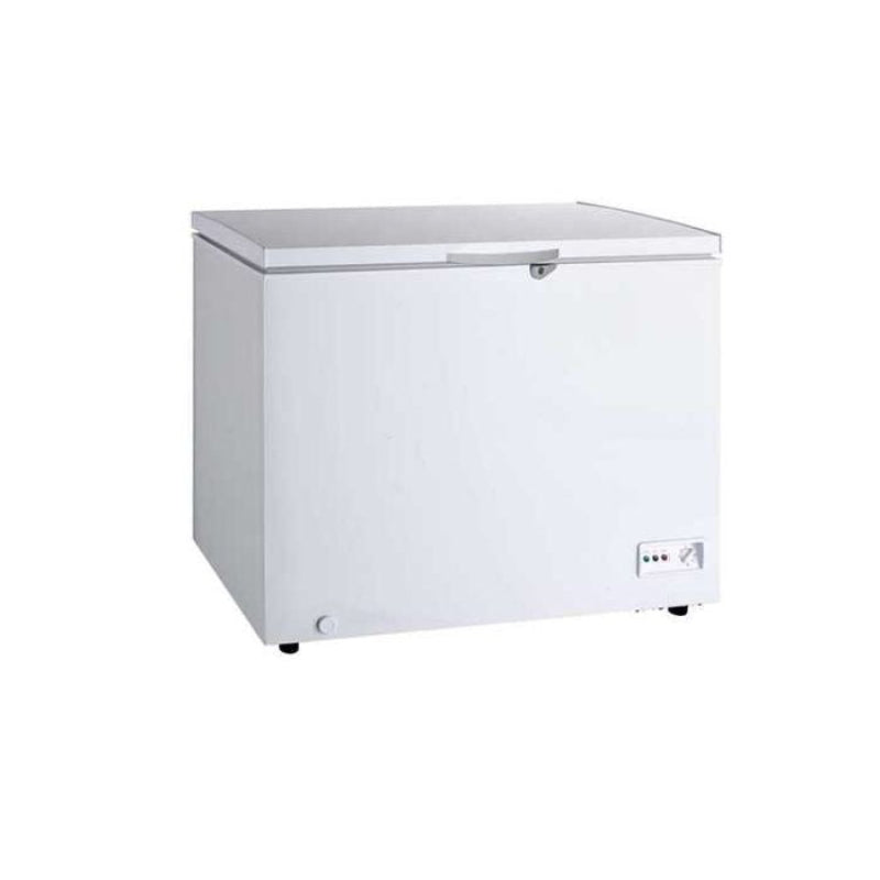 A Koolmax KMCF230W white solid lid chest freezer with a digital display and a grip handle on the lid.
