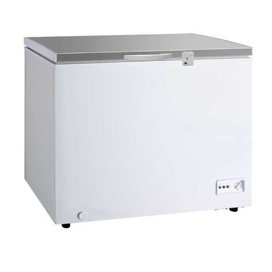 A Koolmax KMCF370S white chest freezer with a stainless steel lid, front-mounted control, and visible grip handle on the lid.