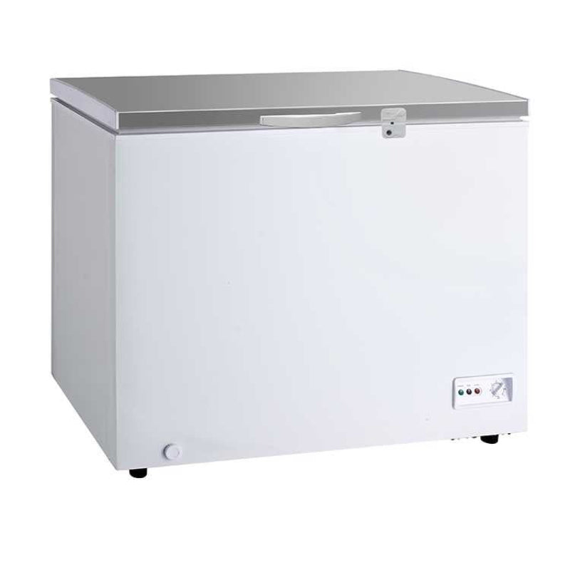 A Koolmax KMCF370S white chest freezer with a stainless steel lid, front-mounted control, and visible grip handle on the lid.