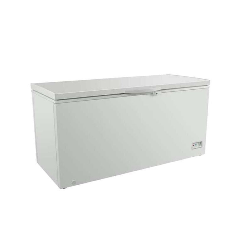 A Koolmax KMCF550S white chest freezer with a stainless steel lid, in a angled front facing view.