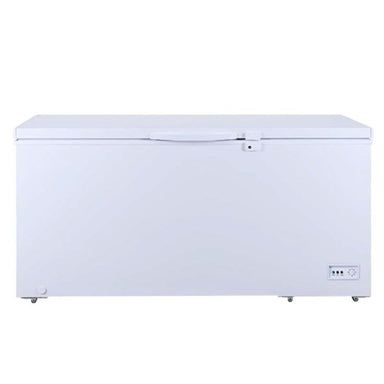 A Koolmax KMCF550W white solid lid chest freezer with a digital display and a grip handle on the lid.