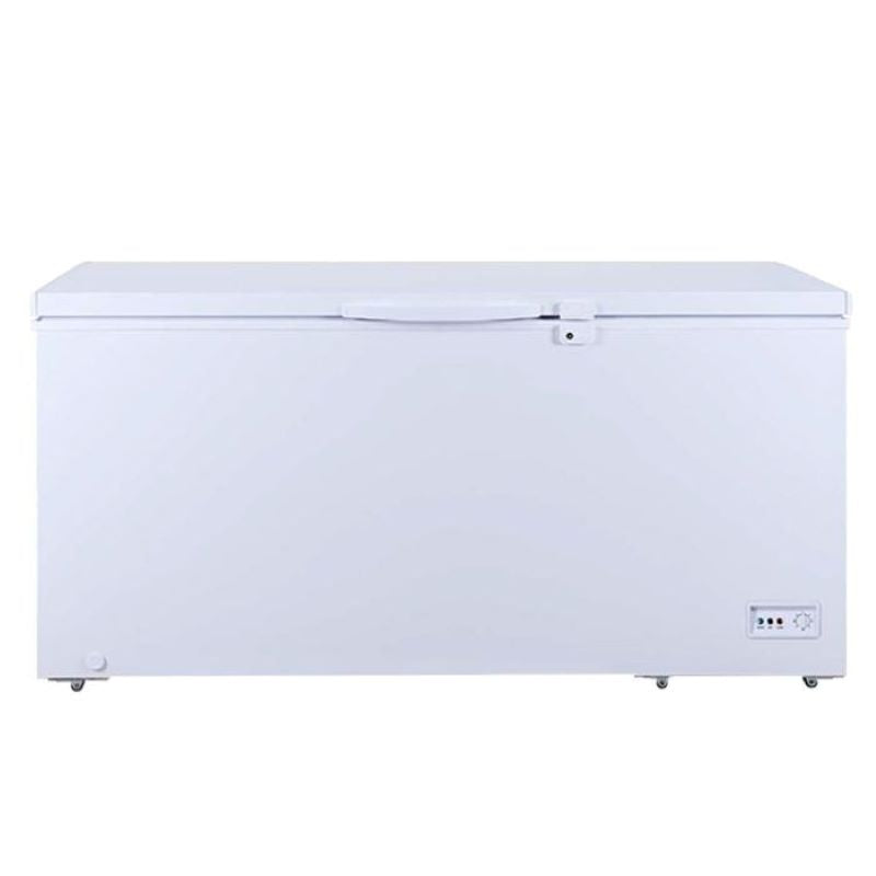 A Koolmax KMCF550W white solid lid chest freezer with a digital display and a grip handle on the lid.