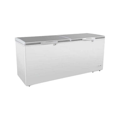 A Koolmax KMCF650S white chest freezer with a stainless steel lid, two handles on the front, and castors.