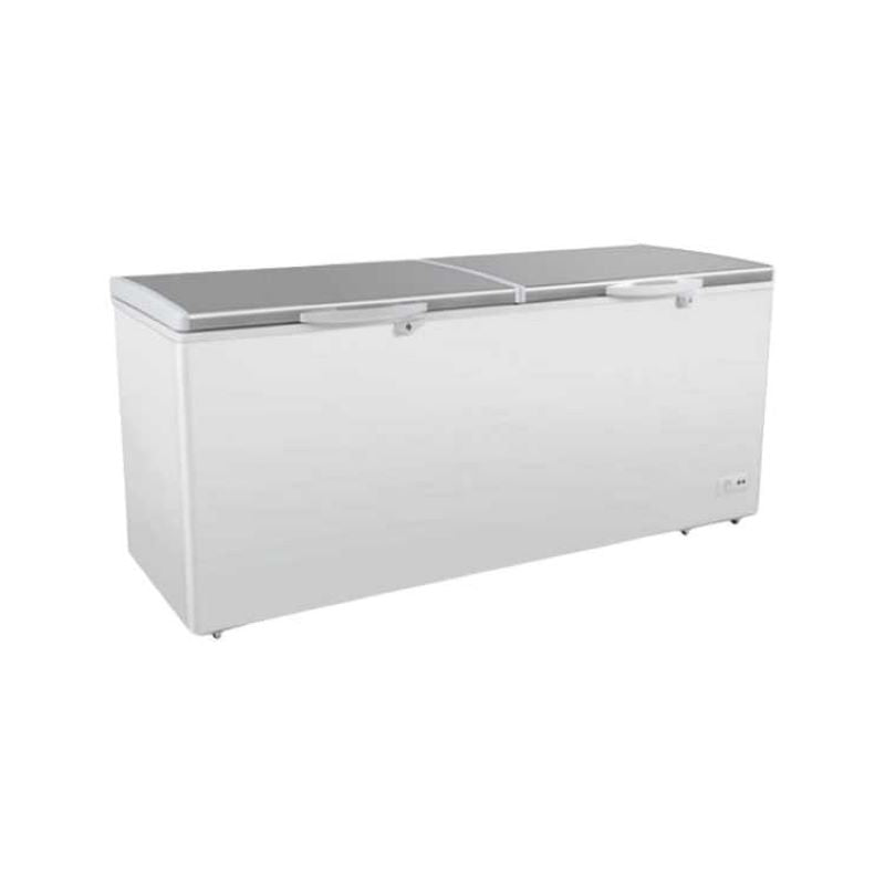 A Koolmax KMCF650S white chest freezer with a stainless steel lid, two handles on the front, and castors.