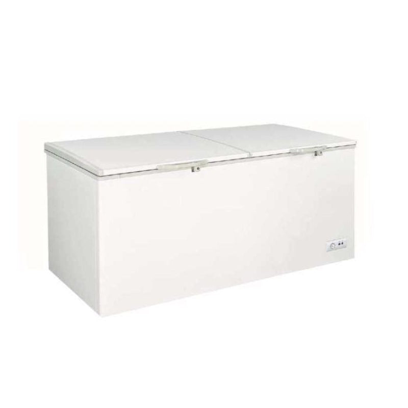 A Koolmax KMCF650W white solid lid chest freezer with a digital temperature display and grip handle on the lid.