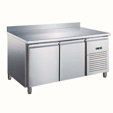 A Koolmax KMF2DS 2 Door Stainless Steel Counter Freezer with two doors, a stainless steel countertop, and a vented cooling unit on the side.