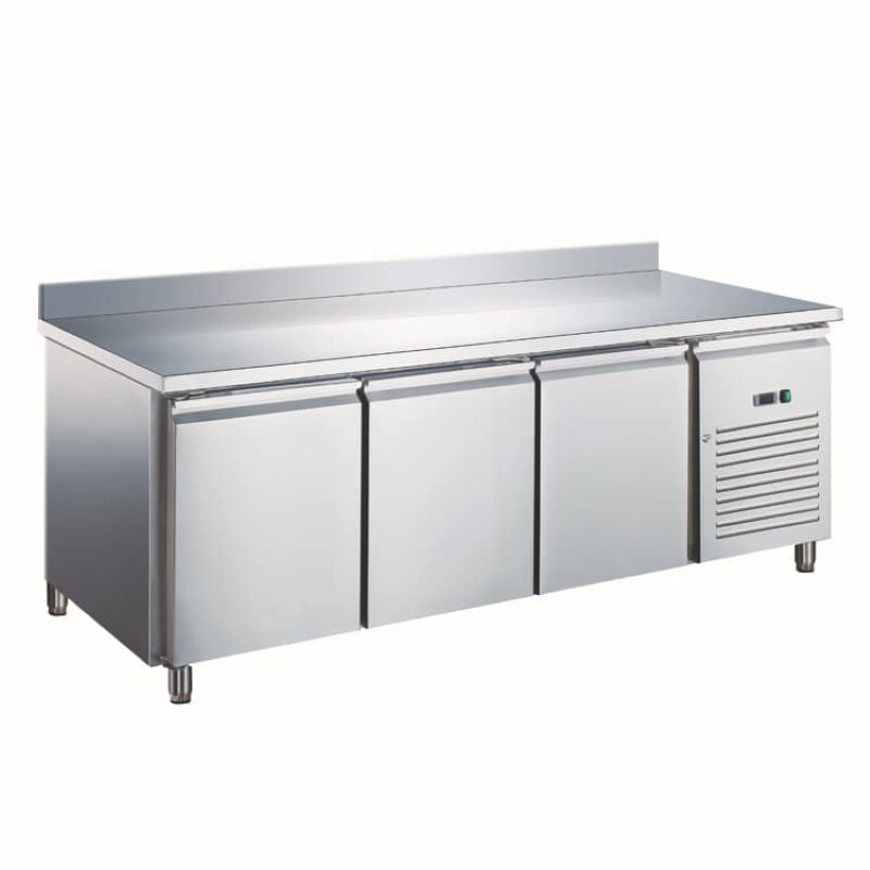 A Koolmax KMF3DS 3 Door Stainless Steel Counter Freezer with a sleek stainless steel finish.