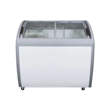 A Koolmax KMF200IC white glass lid chest freezer with a curved glass top and a sleek white body, fitted with castors and grip handle.