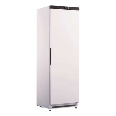 A Koolmax KMF400 white, upright, single-door freezer with a capacity of 400 litres featuring a Carel electronic control panel on the top, a recessed handle, and adjustable feet.