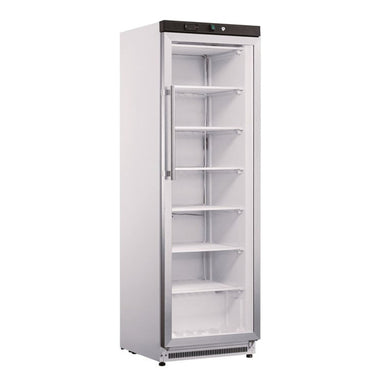 A Koolmax KMF400G white upright single glass door freezer with visible shelves inside.
