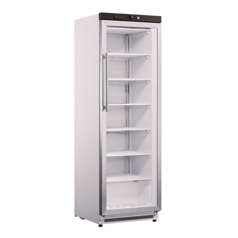 A Koolmax KMF400G white upright single glass door freezer with visible shelves inside.