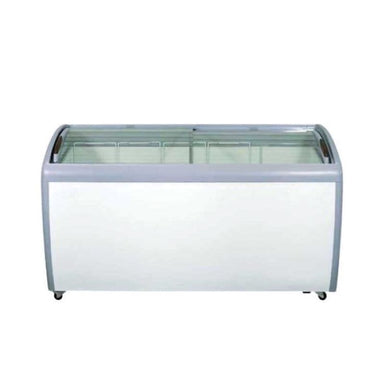 A Koolmax KMF400IC white glass lid chest freezer with multiple compartments and castors at the bottom