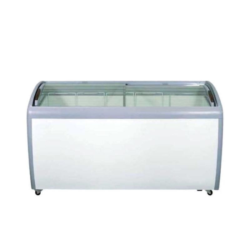 A Koolmax KMF400IC white glass lid chest freezer with multiple compartments and castors at the bottom