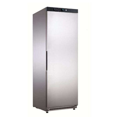 A Koolmax KMF400S single door upright stainless steel freezer with a digital display on top and a recessed handle.