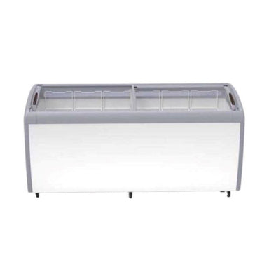 A Koolmax KMF500IC white glass lid chest freezer with multiple baskets inside, visible through the transparent glass, set on a white background.