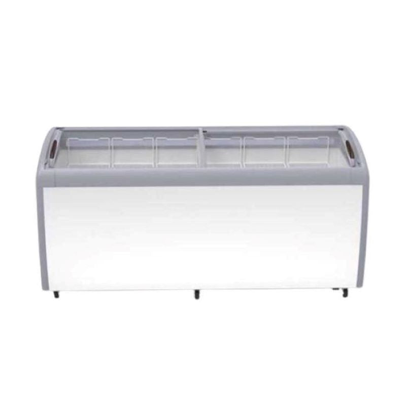 A Koolmax KMF500IC white glass lid chest freezer with multiple baskets inside, visible through the transparent glass, set on a white background.