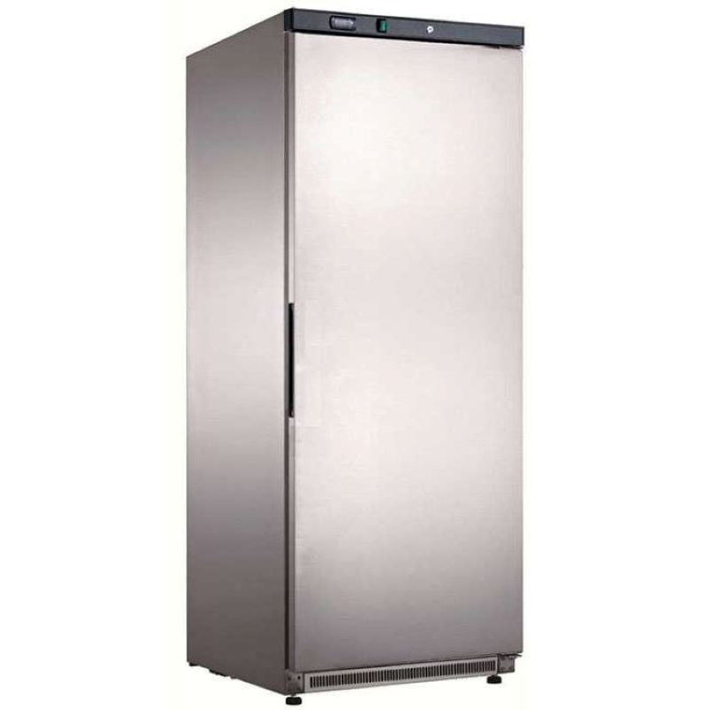 A stainless steel Koolmax KMF600S upright single door freezer with a solid door and a digital display on top.