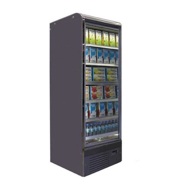 A Koolmax Nice 1000 FGD hinged full glass door multideck fridge with five shelves and the base visible through the glass door.