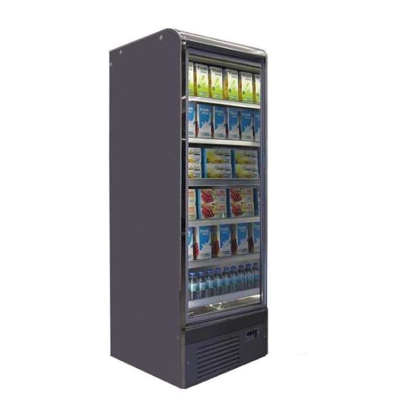 A Koolmax Nice 1000 FGD hinged full glass door multideck fridge with five shelves and the base visible through the glass door.