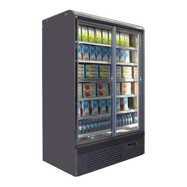 A Koolmax Nice 1250 FGD hinged full glass door multideck fridge with multiple shelves inside, designed for displaying beverages and perishables.