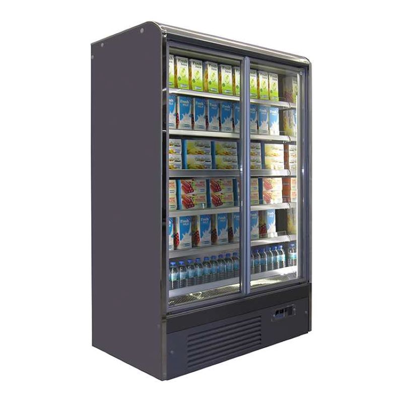 A Koolmax Nice 1250 FGD hinged full glass door multideck fridge with multiple shelves inside, designed for displaying beverages and perishables.