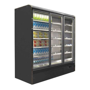 A Koolmax Nice 2000 Hinged Full Glass Door Multideck Fridge with five shelves and base visible through the glass doors, in an angled front facing view.