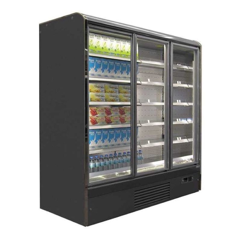A Koolmax Nice 2000 Hinged Full Glass Door Multideck Fridge with five shelves and base visible through the glass doors, in an angled front facing view.