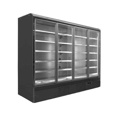 Koolmax Nice 2500 FGD Multideck Display Cabinet with four glass hinged doors, five shelves and base, in an angled front facing view.