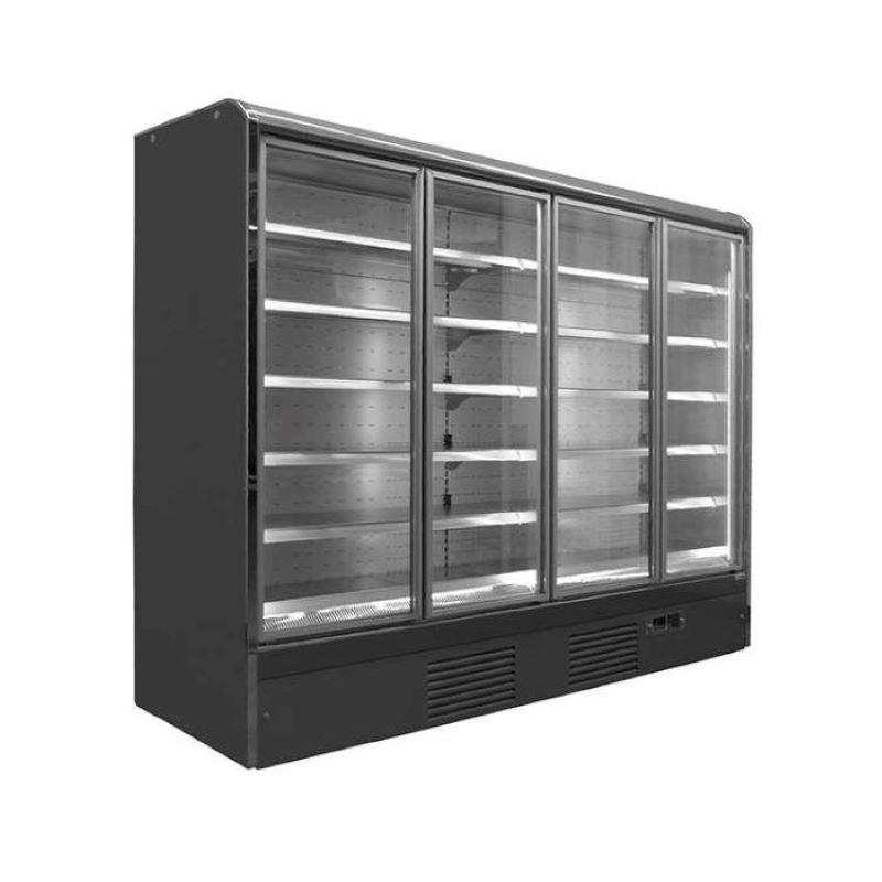 Koolmax Nice 2500 FGD Multideck Display Cabinet with four glass hinged doors, five shelves and base, in an angled front facing view.