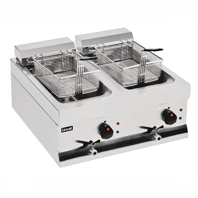 Lincat Silverlink 600 DF66 Electric Countertop Twin Tank Fryer - Angled Front/Left Side View With Baskets