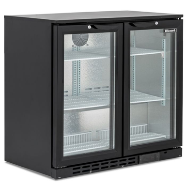 Blizzard LOWBAR2 Low Height Double Hinged Glass Door Bottle Cooler Left Side Angled View