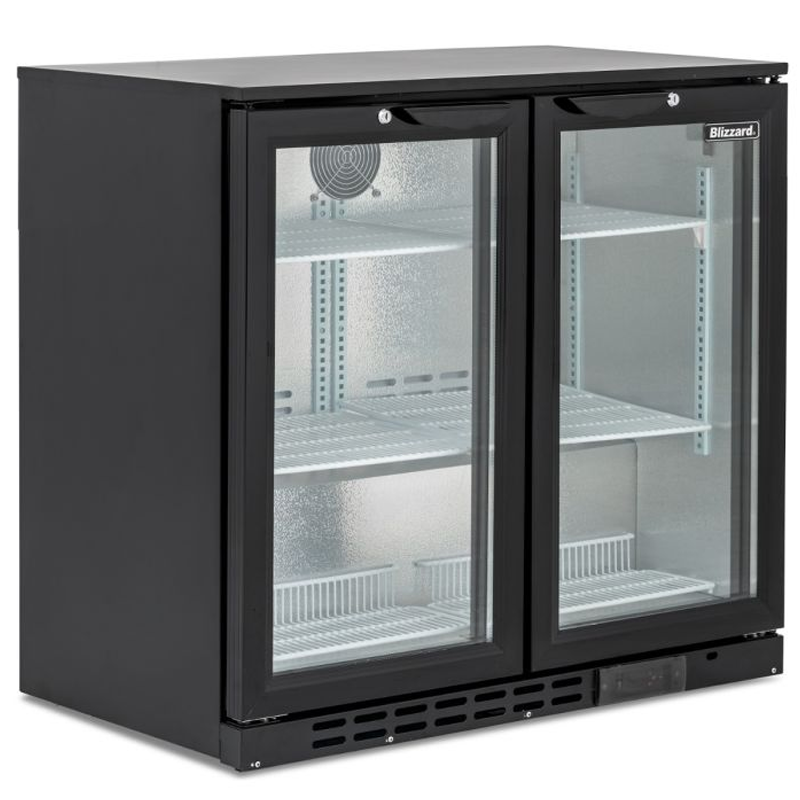 Blizzard LOWBAR2 Low Height Double Hinged Glass Door Bottle Cooler Left Side Angled View
