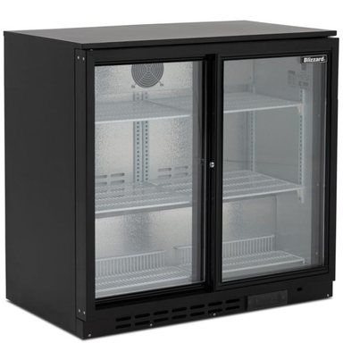 Blizzard LOWBAR2SL Low Height Double Sliding Glass Door Bottle Cooler Left Side Angled View