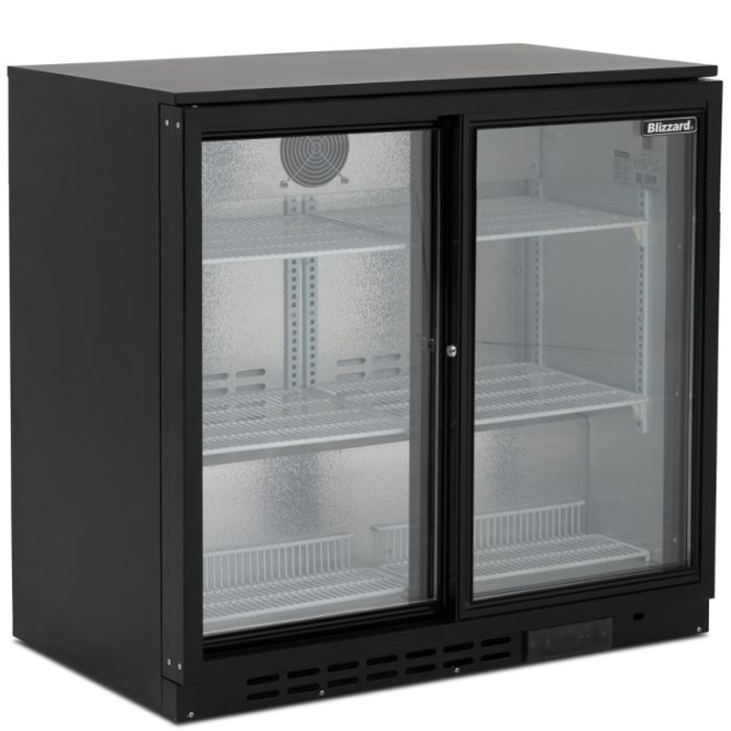 Blizzard LOWBAR2SL Low Height Double Sliding Glass Door Bottle Cooler Left Side Angled View