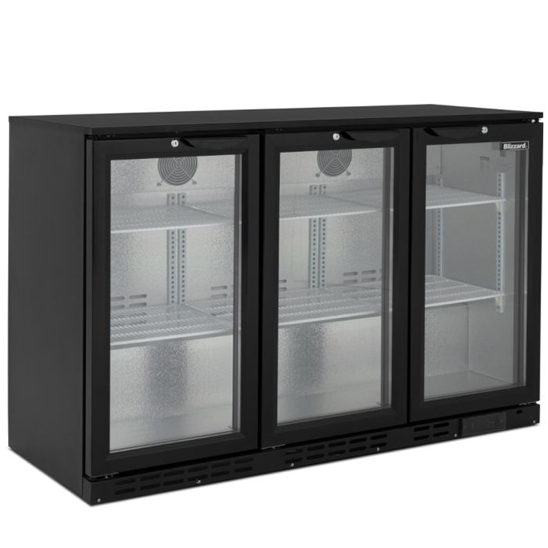 Blizzard LOWBAR3 Low Height Triple Hinged Glass Door Bottle Cooler Left Side/Front Angled View