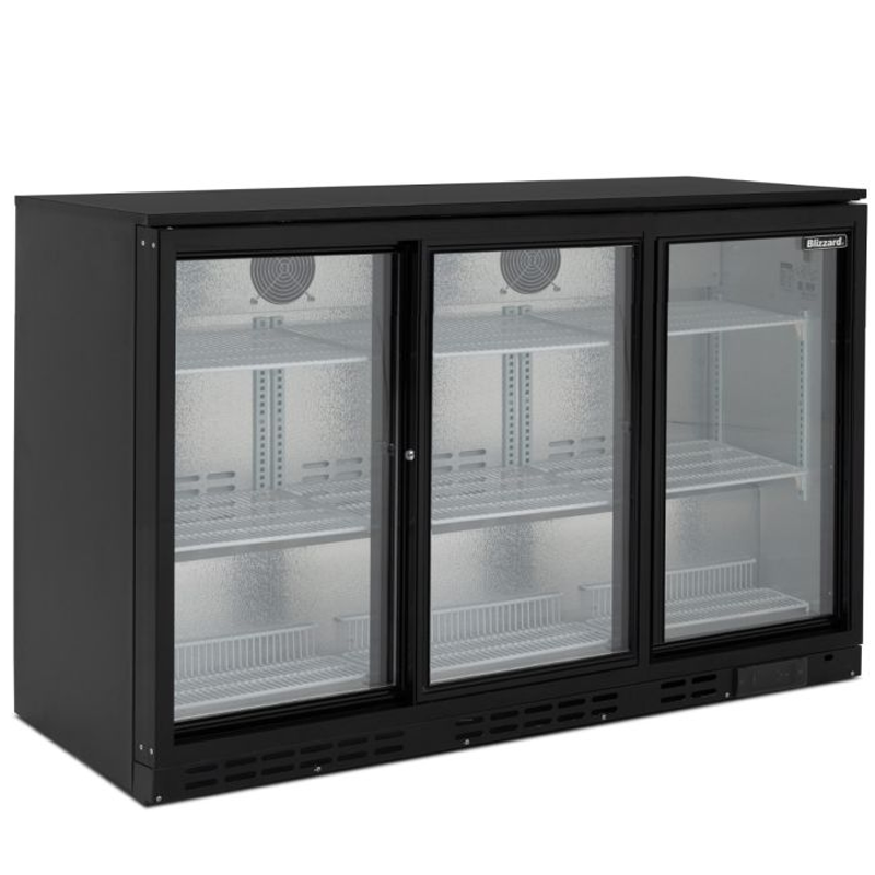 Blizzard LOWBAR3SL Low Height Triple Sliding Door Bottle Cooler Left Side/Front Angled View