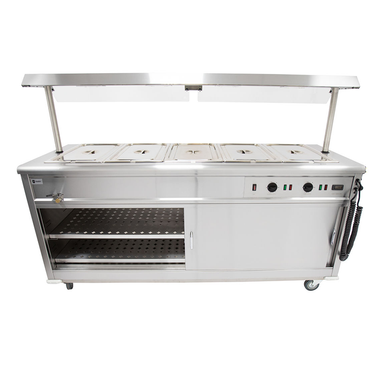 Parry Mobile Bain Marie Servery with Gantry MSB18G Front View With Open Cupboard