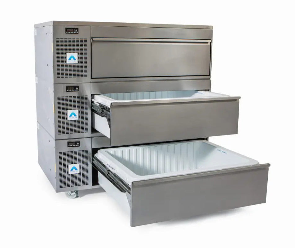 Adande VLS3 Series Bulk Storage Shallow Three Drawer Side Engine Angled Front/Left Side View With 2 Open Drawers