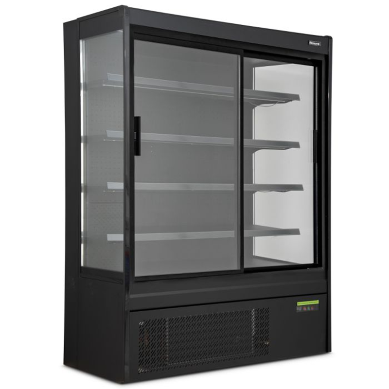 Blizzard BTD130BK-GD Refrigerated Multi Deck Display In Black With A Sliding Glass Door, Angled Front/Left Side View