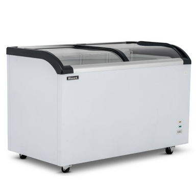 Blizzard BDF42 Curved Glass Lid Freezer 420L Capacity, Angled Front/Left Side View