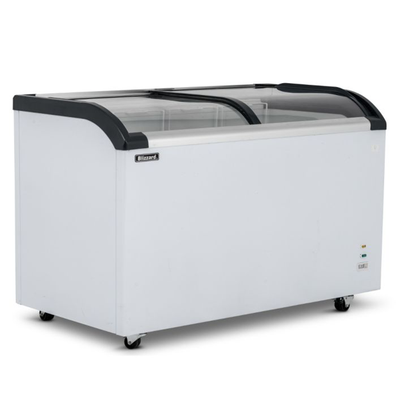 Blizzard BDF42 Curved Glass Lid Freezer 420L Capacity, Angled Front/Left Side View