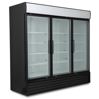 Blizzard GDF1800 Triple Hinged Glass Door Freezer Display Merchandiser, Angled Front/Left Side View