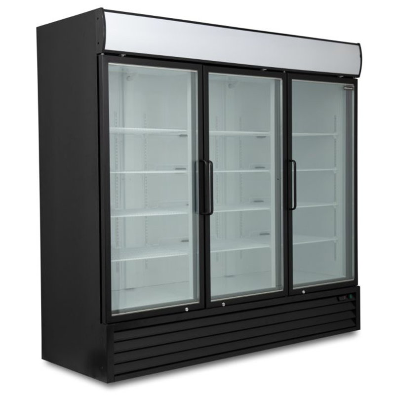 Blizzard GDF1800 Triple Hinged Glass Door Freezer Display Merchandiser, Angled Front/Left Side View
