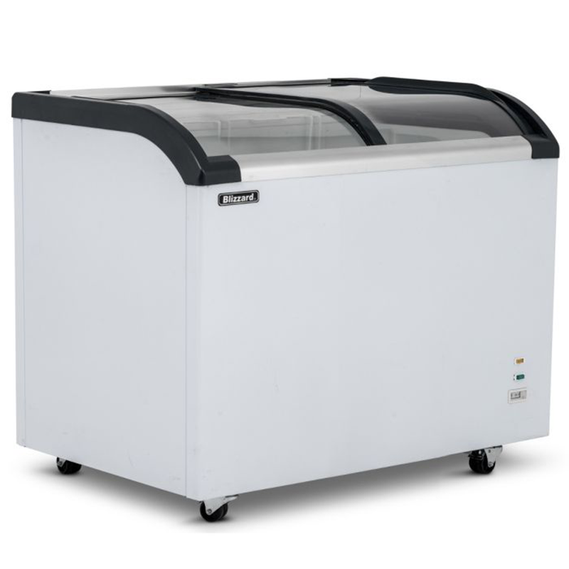 Blizzard BDF22 220L Curved Glass Lid Freezer, Angled Front/Left Side View
