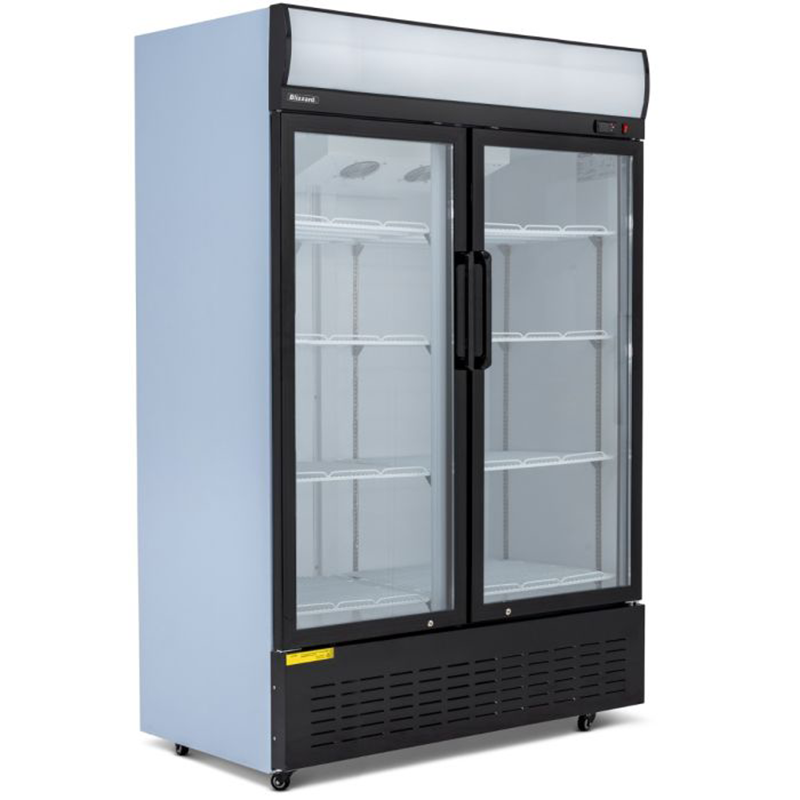 Blizzard GD900 Double Glass Door Refrigerated Display Merchandiser, Front/Left Side Angled View