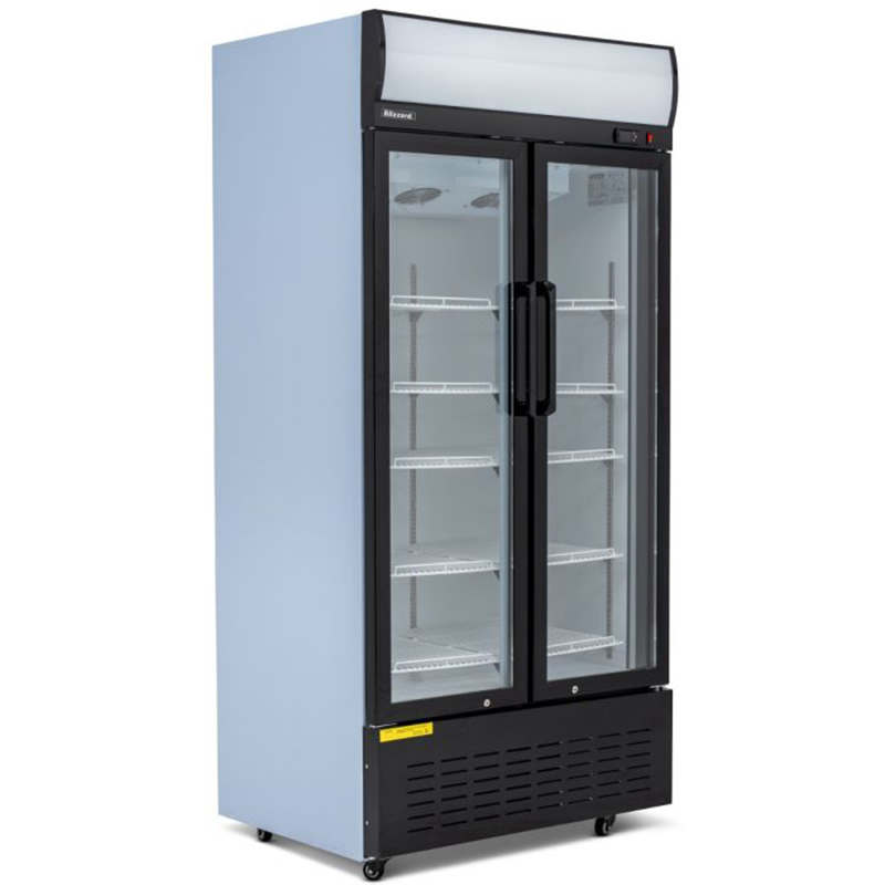 Blizzard GD630 Double Hinged Glass Door Refrigerated Display Merchandiser, Angled Front/Left Side View