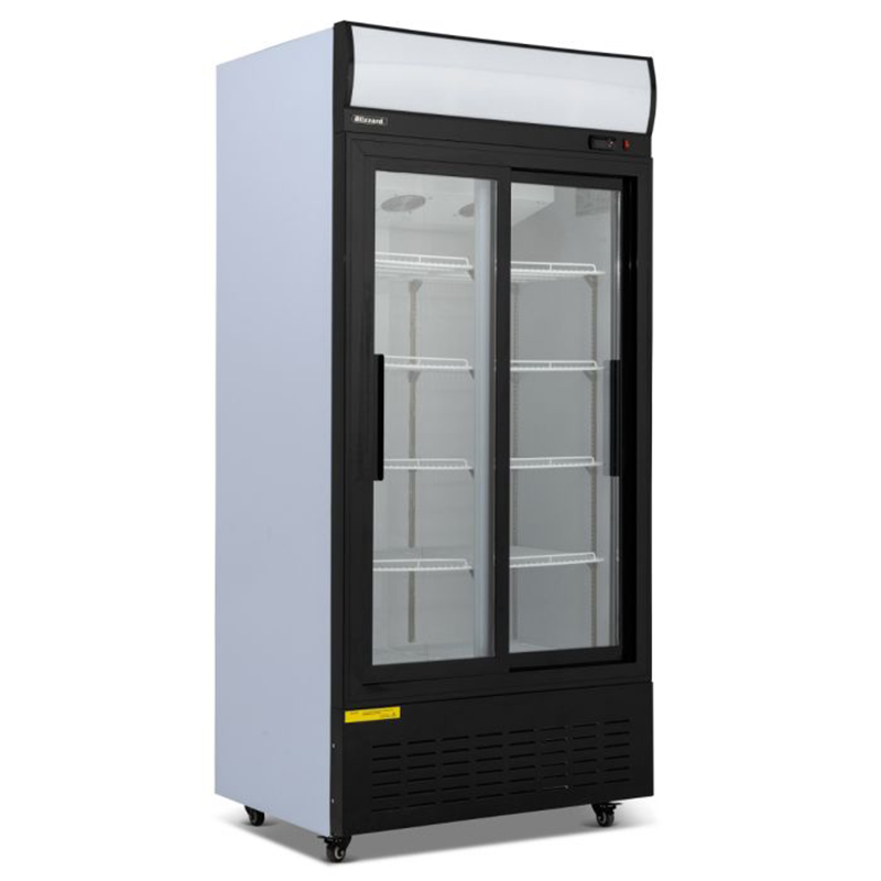 Blizzard GD630SL Double Glass Sliding Door Refrigerated Merchandiser 630L Capacity, Angled Front/Left Side View
