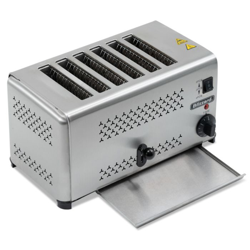 Blizzard B6ST 6 Slot Toaster Angled Front View Showing Removable Crumb Tray