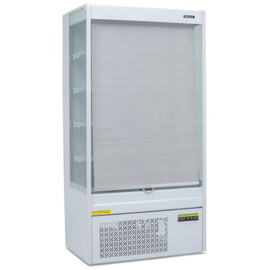 Blizzard BTD100WH Refrigerated 1m Slim Tiered Display Angled Front View With The Night Blind Pulled Down
