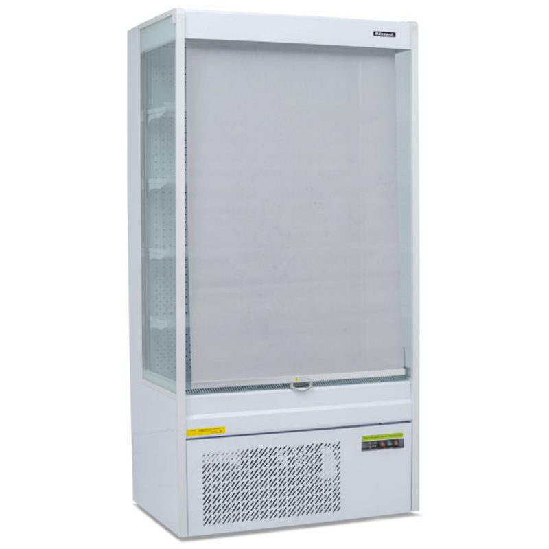 Blizzard BTD100WH Refrigerated 1m Slim Tiered Display Angled Front View With The Night Blind Pulled Down
